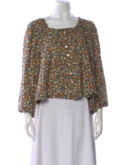 Pre-owned Doen Floral Print Square Neckline Blouse In Green