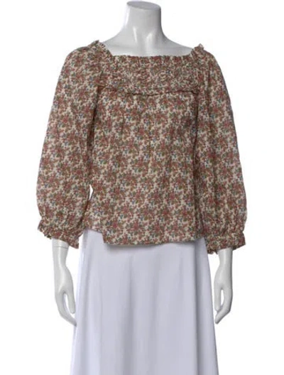 Pre-owned Doen Floral Print Square Neckline Blouse In Green