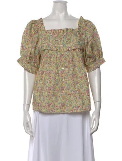 Pre-owned Doen Floral Print Square Neckline Blouse In Green