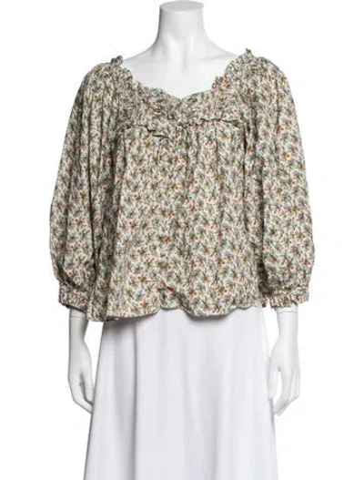 Pre-owned Doen Floral Print Square Neckline Blouse In Green