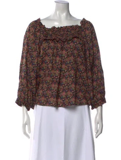 Pre-owned Doen Floral Print Square Neckline Blouse In Green