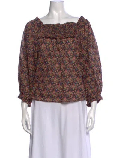 Pre-owned Doen Floral Print Square Neckline Blouse In Green