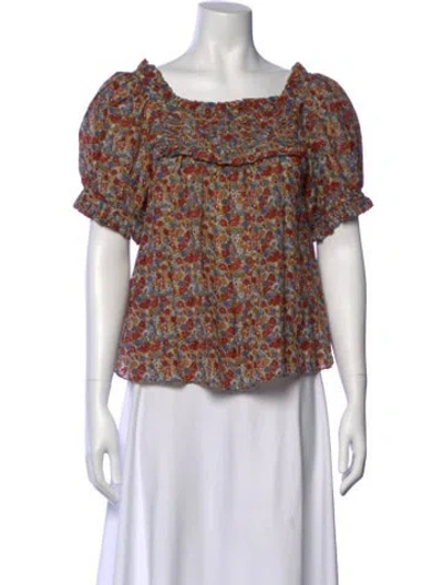Pre-owned Doen Floral Print Square Neckline Blouse In Red