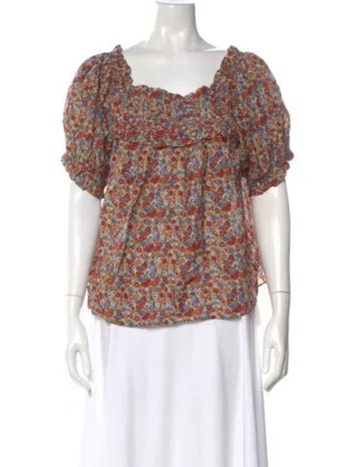 Pre-owned Doen Floral Print Square Neckline Blouse In Red