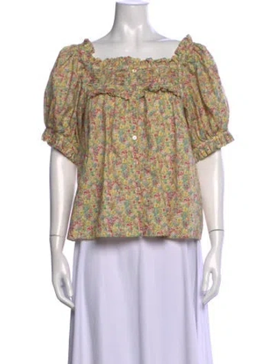 Pre-owned Doen Floral Print Square Neckline Blouse In Red