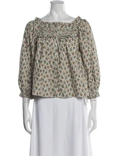 Pre-owned Doen Floral Print Square Neckline Blouse In White
