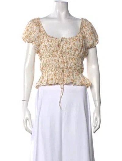 Pre-owned Doen Floral Print Square Neckline Blouse In White