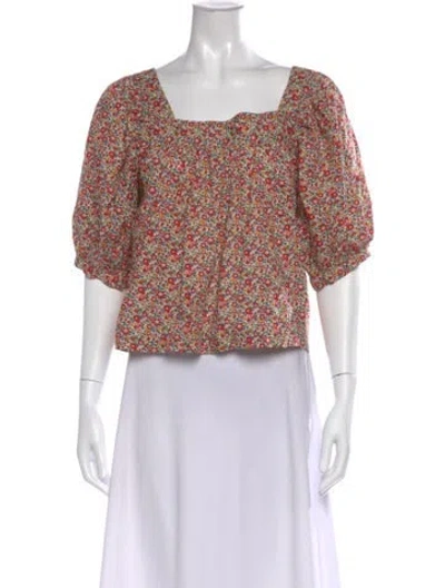 Pre-owned Doen Floral Print Square Neckline Blouse In White