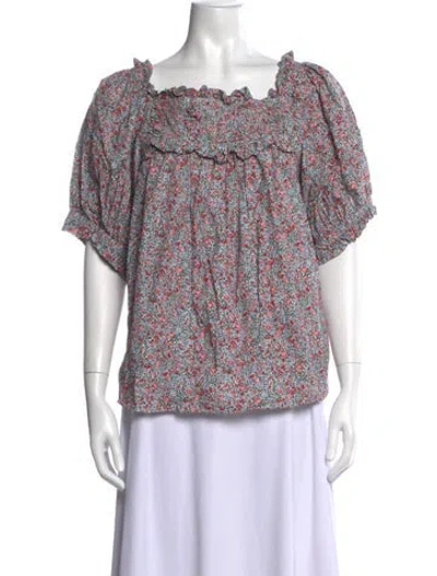 Pre-owned Doen Floral Print Square Neckline Blouse In White