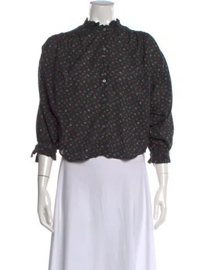 Pre-owned Doen Floral Print Three-quarter Sleeve Blouse In Black