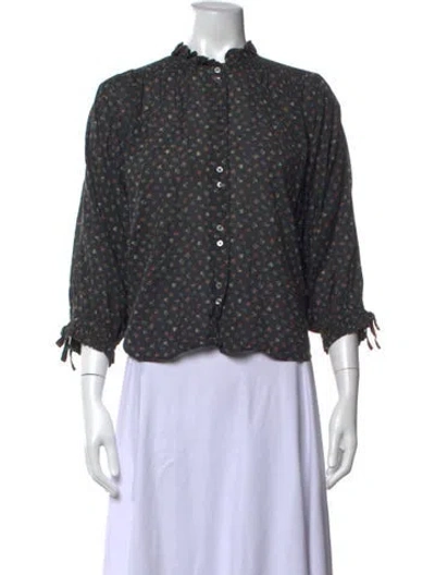 Pre-owned Doen Floral Print Three-quarter Sleeve Blouse In Black