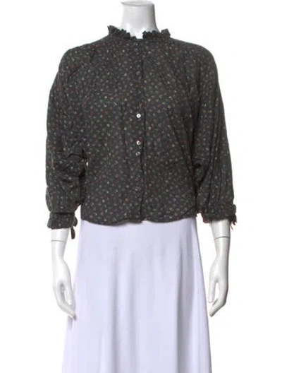 Pre-owned Doen Floral Print Three-quarter Sleeve Blouse In Black
