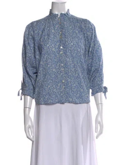 Pre-owned Doen Floral Print Three-quarter Sleeve Blouse In Blue