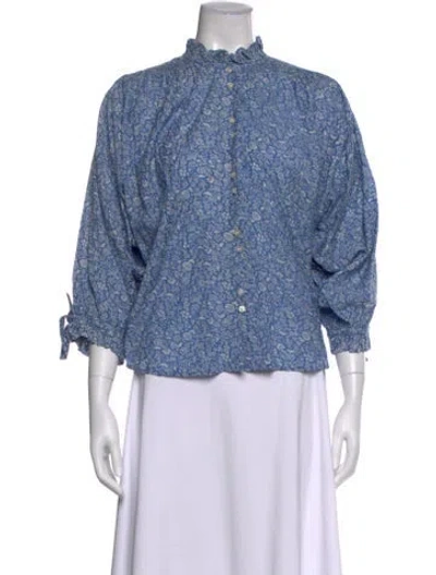 Pre-owned Doen Floral Print Three-quarter Sleeve Blouse In Blue