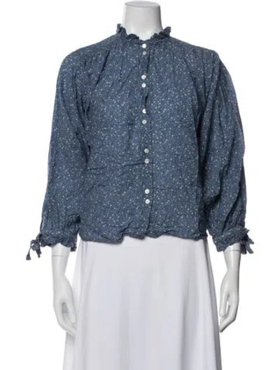 Pre-owned Doen Floral Print Three-quarter Sleeve Blouse In Blue