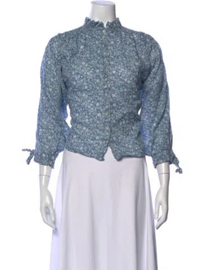 Pre-owned Doen Floral Print Three-quarter Sleeve Blouse In Blue