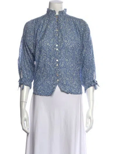 Pre-owned Doen Floral Print Three-quarter Sleeve Blouse In Blue