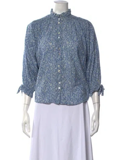 Pre-owned Doen Floral Print Three-quarter Sleeve Blouse In Blue