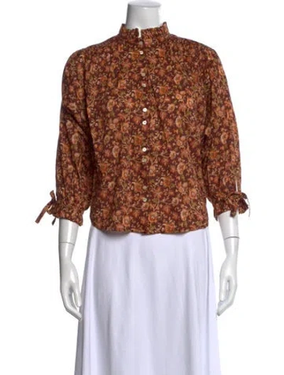 Pre-owned Doen Floral Print Three-quarter Sleeve Blouse In Brown