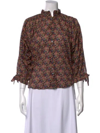 Pre-owned Doen Floral Print Three-quarter Sleeve Blouse In Green