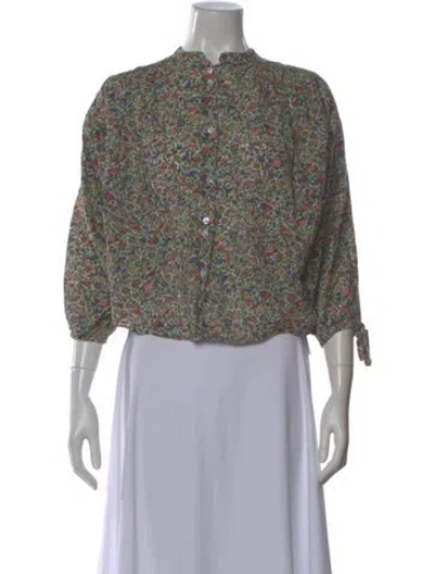 Pre-owned Doen Floral Print Three-quarter Sleeve Blouse In Neutral