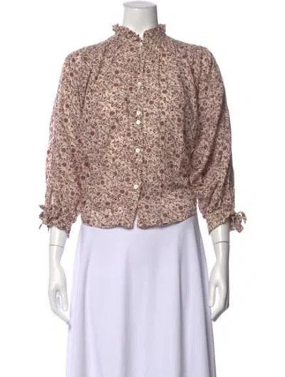 Pre-owned Doen Floral Print Three-quarter Sleeve Blouse In Neutral