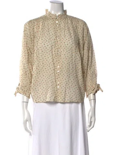 Pre-owned Doen Floral Print Three-quarter Sleeve Blouse In Neutral