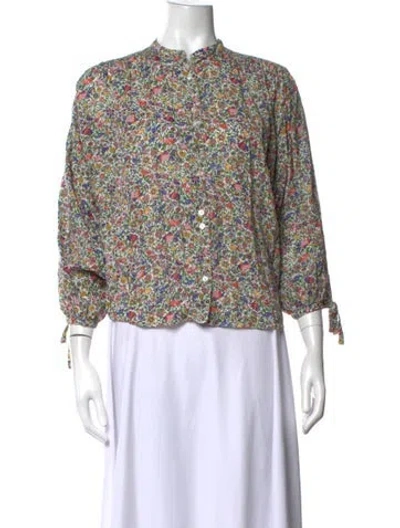 Pre-owned Doen Floral Print Three-quarter Sleeve Blouse In Neutrals