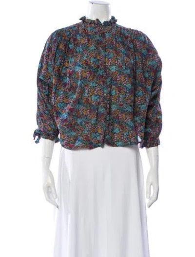 Pre-owned Doen Floral Print Three-quarter Sleeve Blouse In Purple
