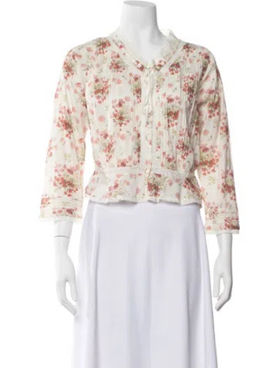 Pre-owned Doen Floral Print Three-quarter Sleeve Blouse W/ Tags In White