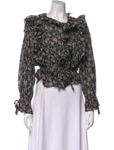 Pre-owned Doen Floral Print Tie Neck Blouse In Black