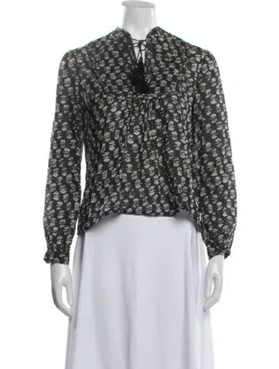 Pre-owned Doen Floral Print Tie Neck Blouse In Black