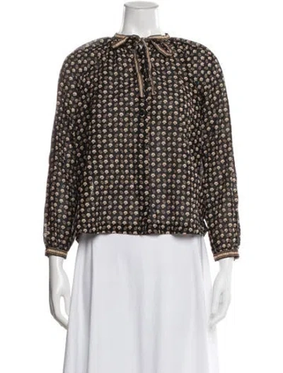 Pre-owned Doen Floral Print Tie Neck Blouse In Blue