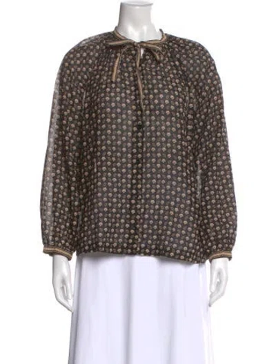 Pre-owned Doen Floral Print Tie Neck Blouse In Blue