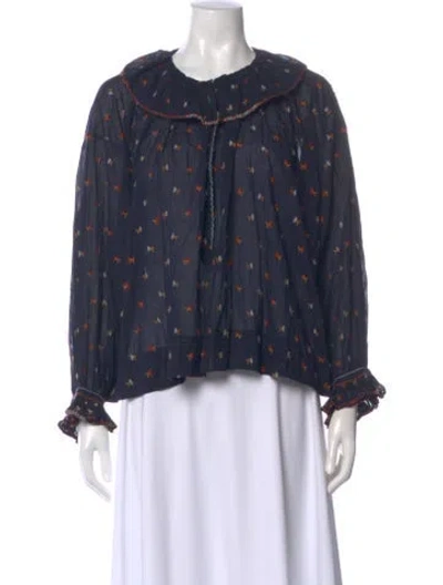 Pre-owned Doen Floral Print Tie Neck Blouse In Blue