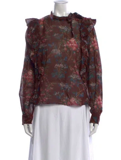 Pre-owned Doen Floral Print Tie Neck Blouse In Blue