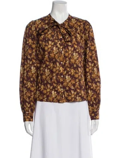 Pre-owned Doen Floral Print Tie Neck Blouse In Brown