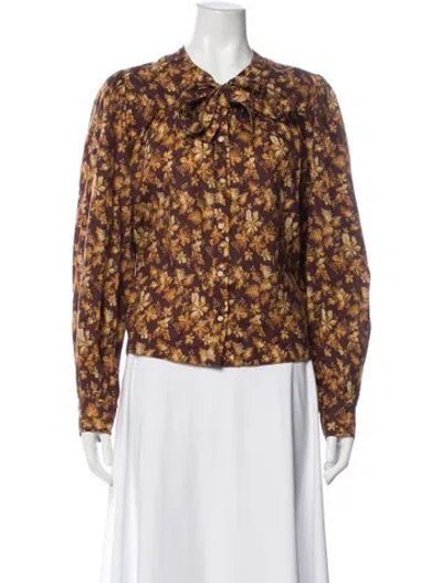 Pre-owned Doen Floral Print Tie Neck Blouse In Brown