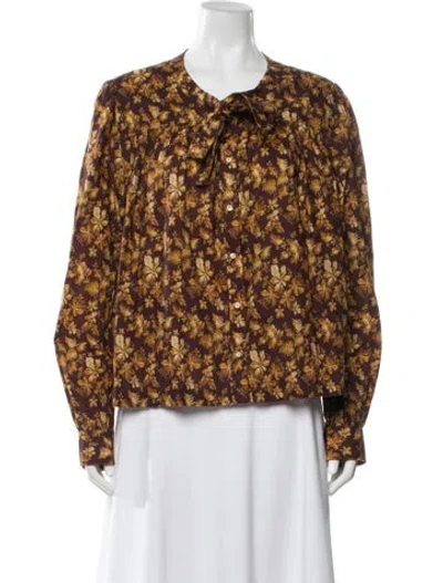 Pre-owned Doen Floral Print Tie Neck Blouse In Brown