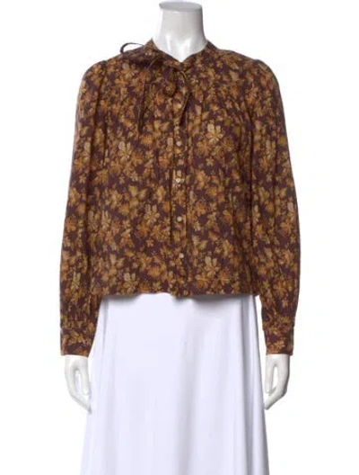 Pre-owned Doen Floral Print Tie Neck Blouse In Brown