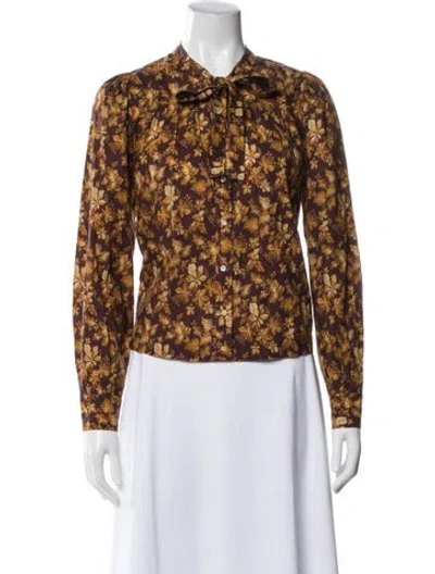 Pre-owned Doen Floral Print Tie Neck Blouse In Brown