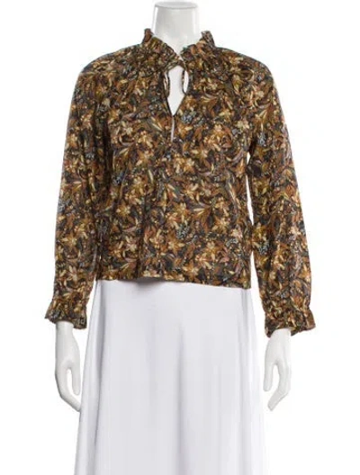 Pre-owned Doen Floral Print Tie Neck Blouse In Brown