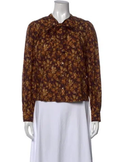 Pre-owned Doen Floral Print Tie Neck Blouse In Brown