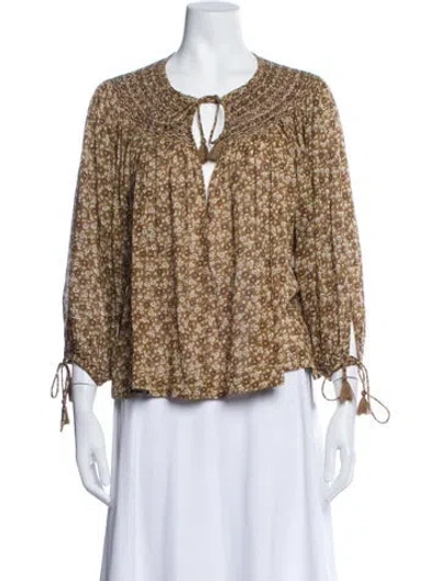 Pre-owned Doen Floral Print Tie Neck Blouse In Brown