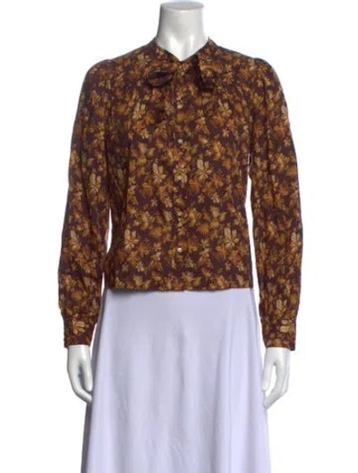 Pre-owned Doen Floral Print Tie Neck Blouse In Brown