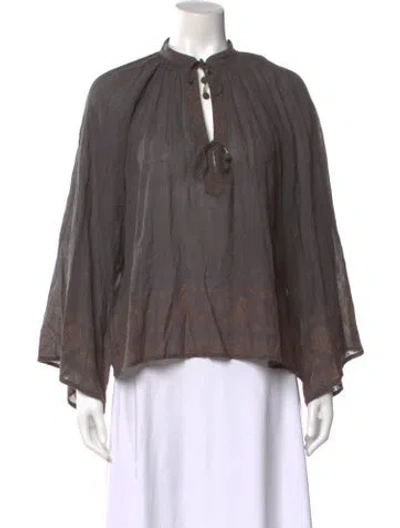 Pre-owned Doen Floral Print Tie Neck Blouse In Gray