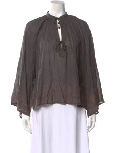 Pre-owned Doen Floral Print Tie Neck Blouse In Gray