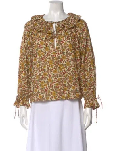 Pre-owned Doen Floral Print Tie Neck Blouse In Neutral