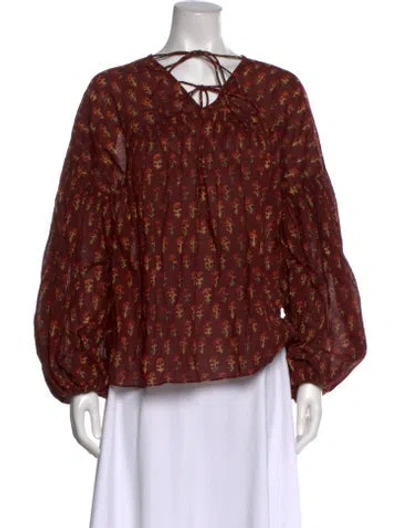 Pre-owned Doen Floral Print Tie Neck Blouse In Red