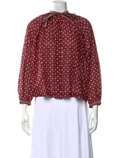 Pre-owned Doen Floral Print Tie Neck Blouse In Red